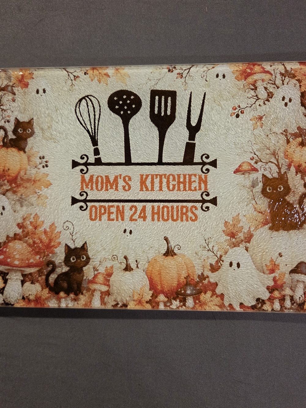 Halloween Mom’s Kitchen Ghost Cat Glass Cutting Board 8x11 Fall Decor